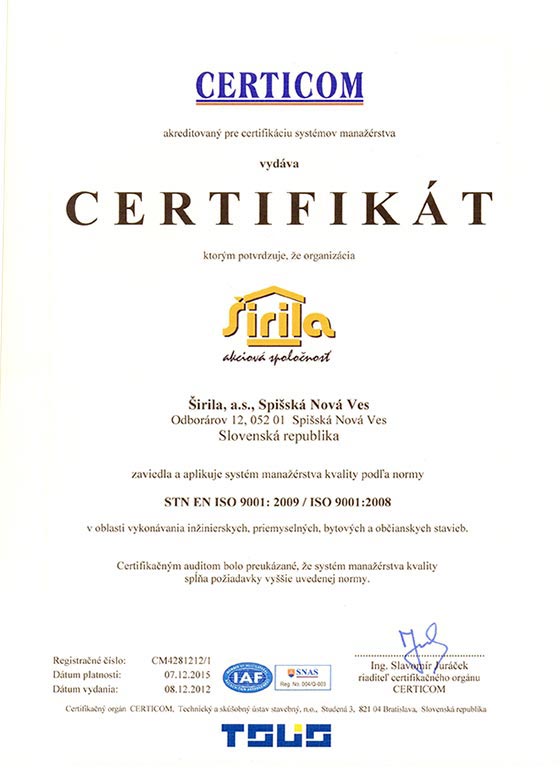 Certifikát ISO 9001 Širila